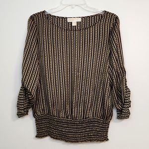 🔥FINAL💲⬇️MICHAEL Michael Kors Black/Gold Chain Print Smocked Top, Size M ~ EUC